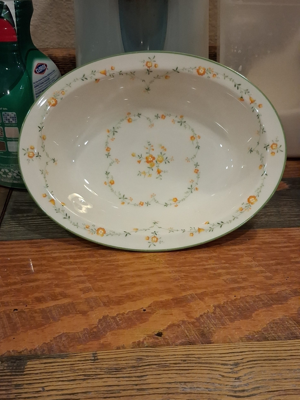 Noritake White Ceramic Serving Bowl with Yellow Floral Motif and Green Rim